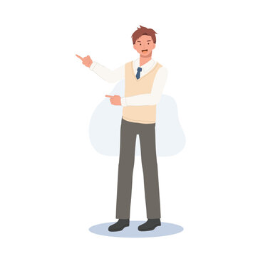 Learning and Education concept. Korean student character. Full length of Male student in school uniforms prouding to present ,point something
