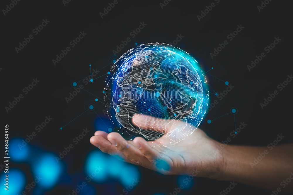 Poster technologies are connecting the world. the world is held in the palm of a human hand.