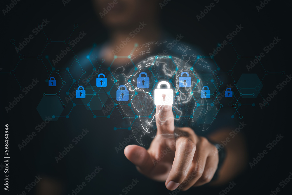 Poster global network security, worldwide. a man's hand is touch for data security.
