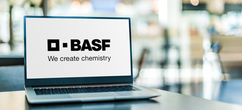 Laptop computer displaying logo of BASF