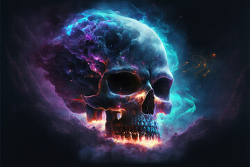 Galaxy space skull in smoke flames, Generative AI