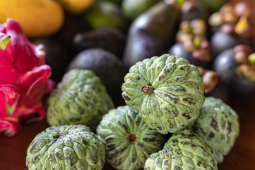 Set of Balinese fruits and vegetables . Flat lay