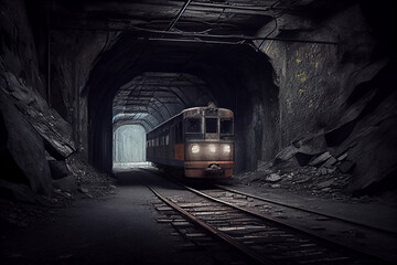 Fototapeta na wymiar A large underground tunnel with a railway, tram, tram tracks, abandoned, old without people, gloomy view of the dungeon. Generative AI