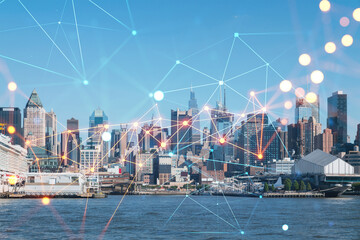 Plakat New York City skyline from New Jersey over the Hudson River towards Midtown Manhattan at day time. Social media hologram. Concept of networking and establishing new people connections