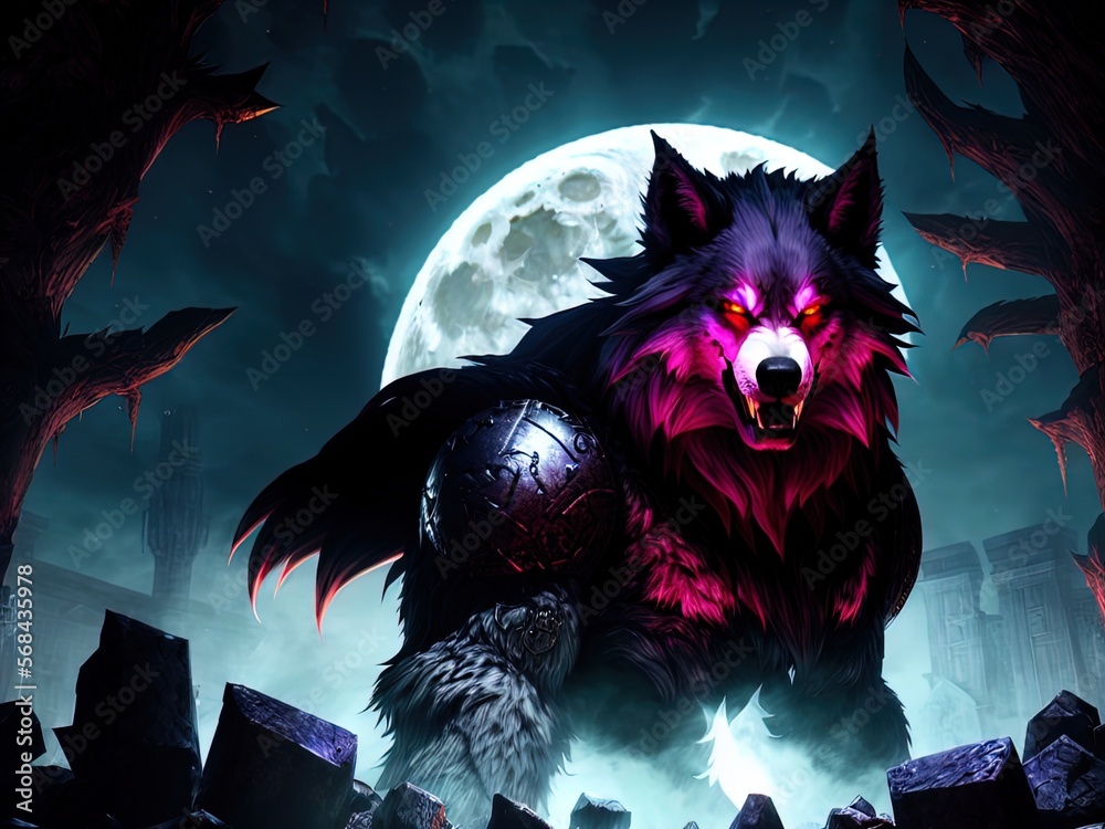 Wall mural a savage werewolf stands under a full moon.