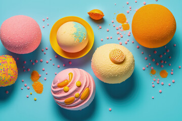 Bright bath bombs in the colors of yellow, pink, and orange are displayed in a flat lay position on blue backdrop parts that shimmer and shine. Generative AI