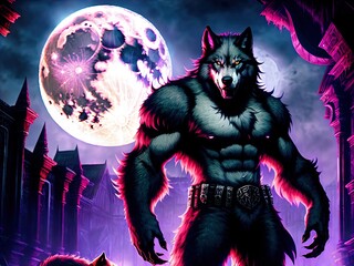 A savage werewolf  stands under a full moon. 