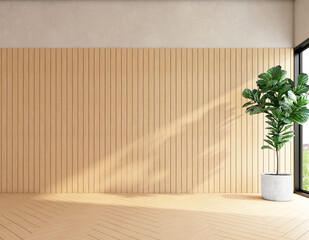 Japan style empty room with wood pattern wall and indoor green plants. 3d rendering
