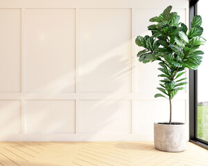 Modern empty room with wood pattern wall and indoor green plants. 3d rendering