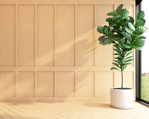 Minimalist empty room with wood pattern wall and indoor green plants. 3d rendering