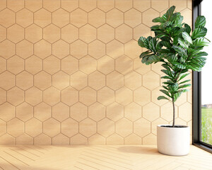 Minimalist empty room with wood pattern wall and indoor green plants. 3d rendering