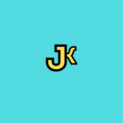 Letter j dan k logo monogram, overlapping line mark jk initials combination symbol mockup, black and yellow typography design on cyan background