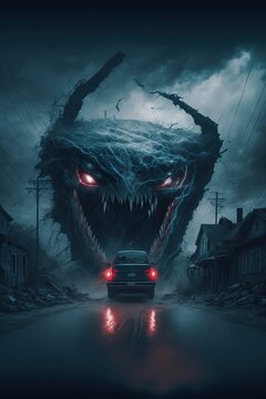 Scary Monster on the Road, Horror Book Cover Art, AI Generated