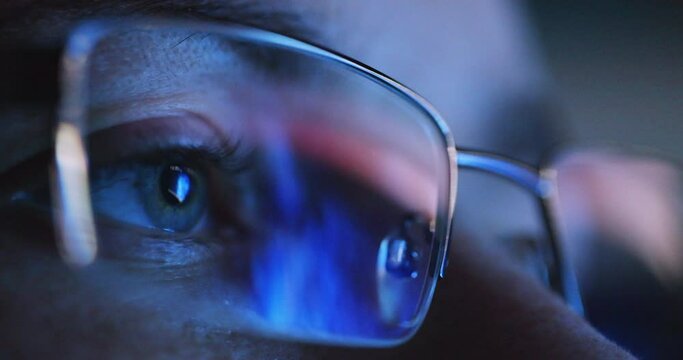 Person in Glasses Looks in Flicker Screen. Closeup Eye. 