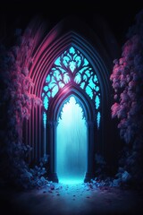Gothic Arch Background, Pink Blue Light, Book Cover Art, AI Generated