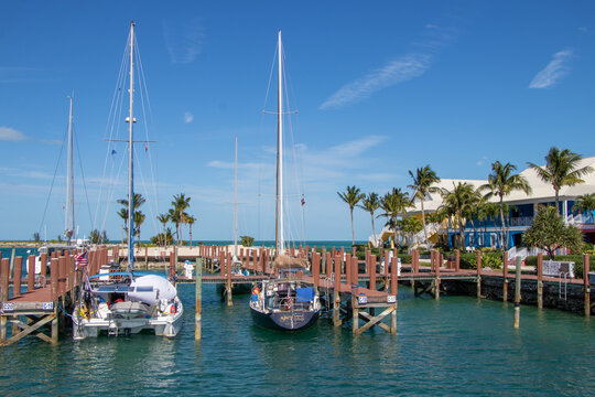 West End, Grand Bahama Island, Bahamas - January 6, 2023: Boats in the harbour at Old Bahama Bay in West End. The marina is a popular destination for American boaters.