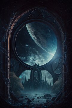 Gothic Arch Structure in Space, Scifi Arch, Gate, Book Cover Art, AI Generated 