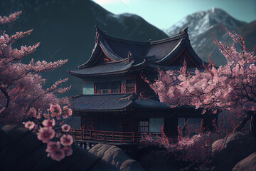 Fototapeta premium Japanese cherry blossom sakura on the background of an old asian style house, tourism to asia during the flowering of plants and spring. Generative AI