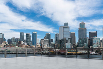 Obraz premium Skyscrapers Cityscape Downtown, Seattle Skyline Buildings. Beautiful Real Estate. Day time. Empty rooftop View. Success concept.