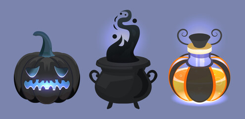 A set of vector fantasy icons. Black magic, cartoon casual style. Necromancy, witchcraft. Mobile app art, game icons, guis, props, items. Picture for Halloween, orange and black colors. 
