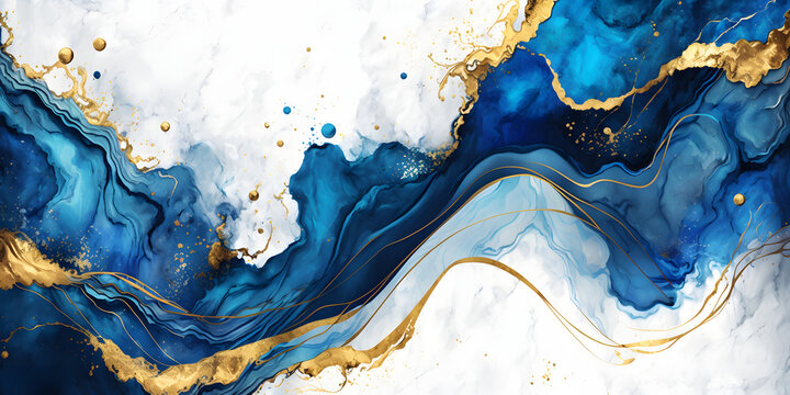 blue and gold watercolor marble background. abstract texture. generativ ai