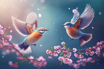 two couple sparrow fly together among cherry blossom flowers,  idea for pure love concept background wallpaper, Generative Ai