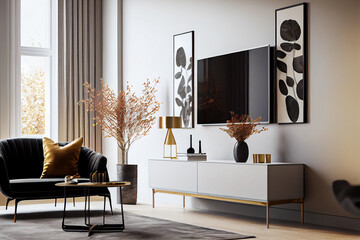 Modern Living Room, interior design with smart TV. Scandinavian art style. High quality ai generated illustration