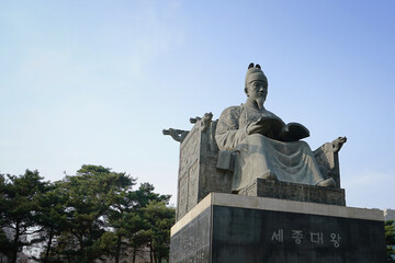 King Sejong the Great statue in Yeouido park, Seoul, South Korea. SEOUL, SOUTH KOREA - APRIL 4, 2017: King Sejong the Great statue in Yeouido park, Seoul, South Korea