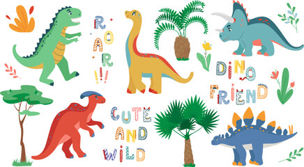 Cute flat vector dinosaur set, letterings, plants, flowers, twigs, alphabet stylized as dinosaurs. Funny cartoon childrens prehistoric lizard illustration for kids room decor, print, textiles