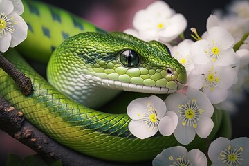 Obraz premium cute green snake hind among beautiful cherry flowers