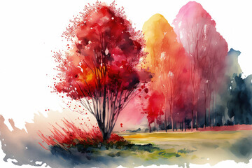 Autumnal scene with a red tree that is abstract and autumnal grass. Forest view at a park. November and October outdoor landscape in watercolor. Generative AI