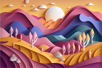 nature Landscape Paper Cut style with rounded Curved shapes and gradients generative ai abstract geometric lines pattern background