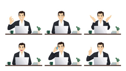 Handsome asian business young man using laptop computer sitting at the desk isolated vector illustration