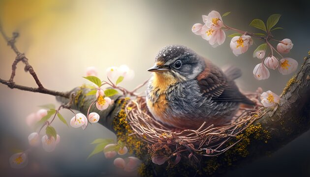 Cute Little Warble Bird Sitting On Her Eggs In Nest For Incubating It. Beautiful Tree Branch With Flower In Spring Season Time, Generative Ai
