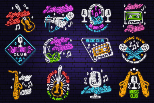 Retro music neon poster, banner. Neon sign, emblem, bright signboard, light banner with retro headphones, saxophone, audio cassette, classical acoustic guitar. Vector illustration. Advertising bright.