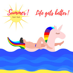 Man swims on inflatable unicorn on the sea Vector