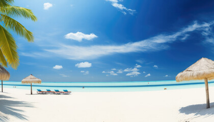 beautiful beach with white sand, turquoise ocean and blue sky with clouds on Sunny day. Summer tropical landscape with green palm trees, Generative AI