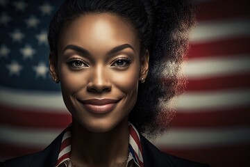 Smiling  successful woman with USA flag back ground black history month or women history month celebration generative ai