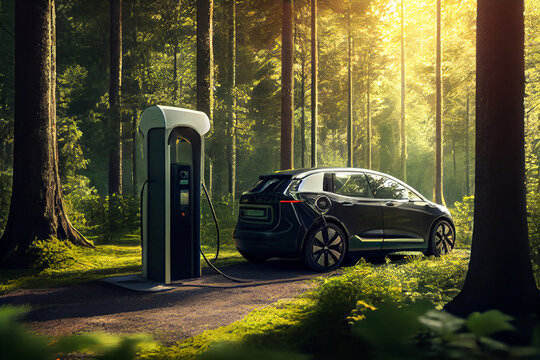 Electric refueling station and refueling an electric car in a forest among green trees, art concept of eco green energy without harmful emissions into the atmosphere, the future. Generative AI