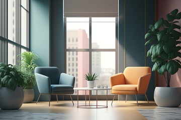 waiting room of an empty office, two armchairs, coffee table with magazines, potted plants, window and natural light, Generative IA