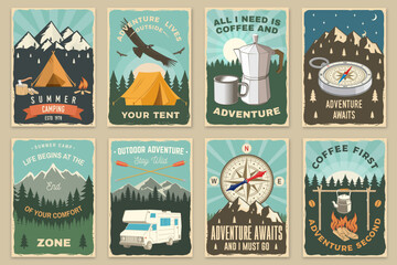 Set of camping retro posters. Vector illustration. Vintage typography design with motor home, camping tent, mountain, boiling pot at the campfire, forest and compass silhouette.