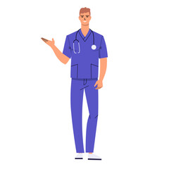 Young doctor is pointing at something with his hand. Presents, demonstrates, advertises. Male nurse wearing scrubs. Smiling character with stethoscope isolated on white background. Flat style. Vector