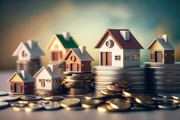 many houses with a lot of coin stack, idea for property investment, income , tax, and passive income, - obrazy, fototapety, plakaty