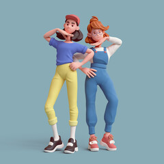 Two cute kawaii positive excited asian colorful active red-haired brunette k-pop girls wear fashion casual yellow blue clothes in dancing pose hold one hand under chin and other hand on hip. 3d render