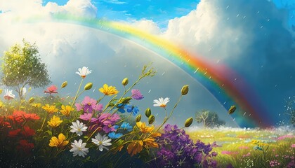 Fototapeta na wymiar After rain vibes, Rainbow and bloom flowers. Generative AI