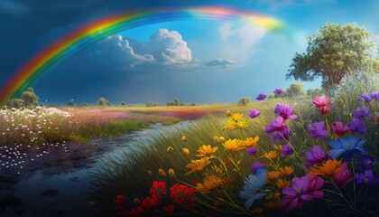 Obraz na płótnie Canvas After rain vibes, Rainbow and bloom flowers. Generative AI