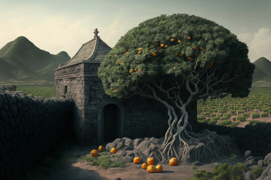 A stone grandfather (Dolhareubang) and tangerine orchard on the Korean island of Jeju. Generative AI