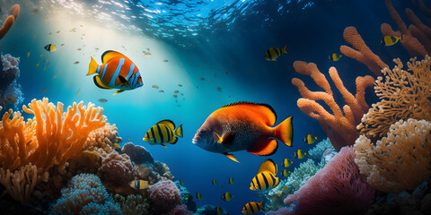 Obraz na płótnie Canvas Coral reef and fish in the sea, tropical underwater background, Illustration generativ ai