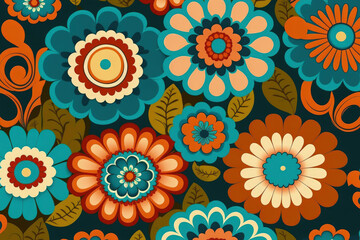 Fototapeta na wymiar Retro hippie vintage flowers seamless pattern in the 1970s and 1980s fashion. art that is flat. Generative AI