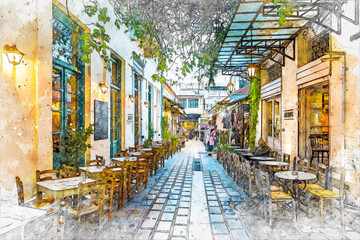 Colorful street view in Plaka District of Athens.
